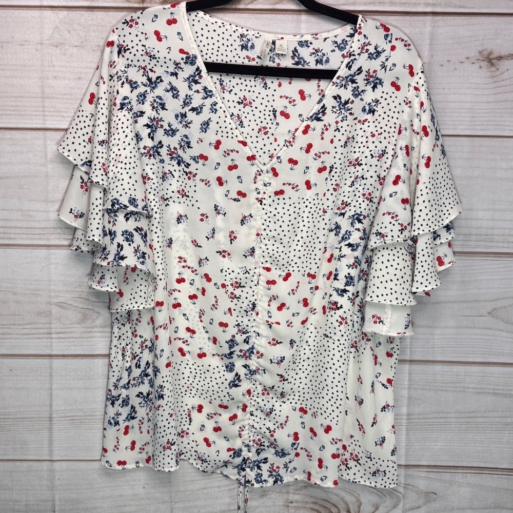 Cato Mixed Print Cherry Polka Dot Floral Ruffle Sleeve Ruched Blouse XL